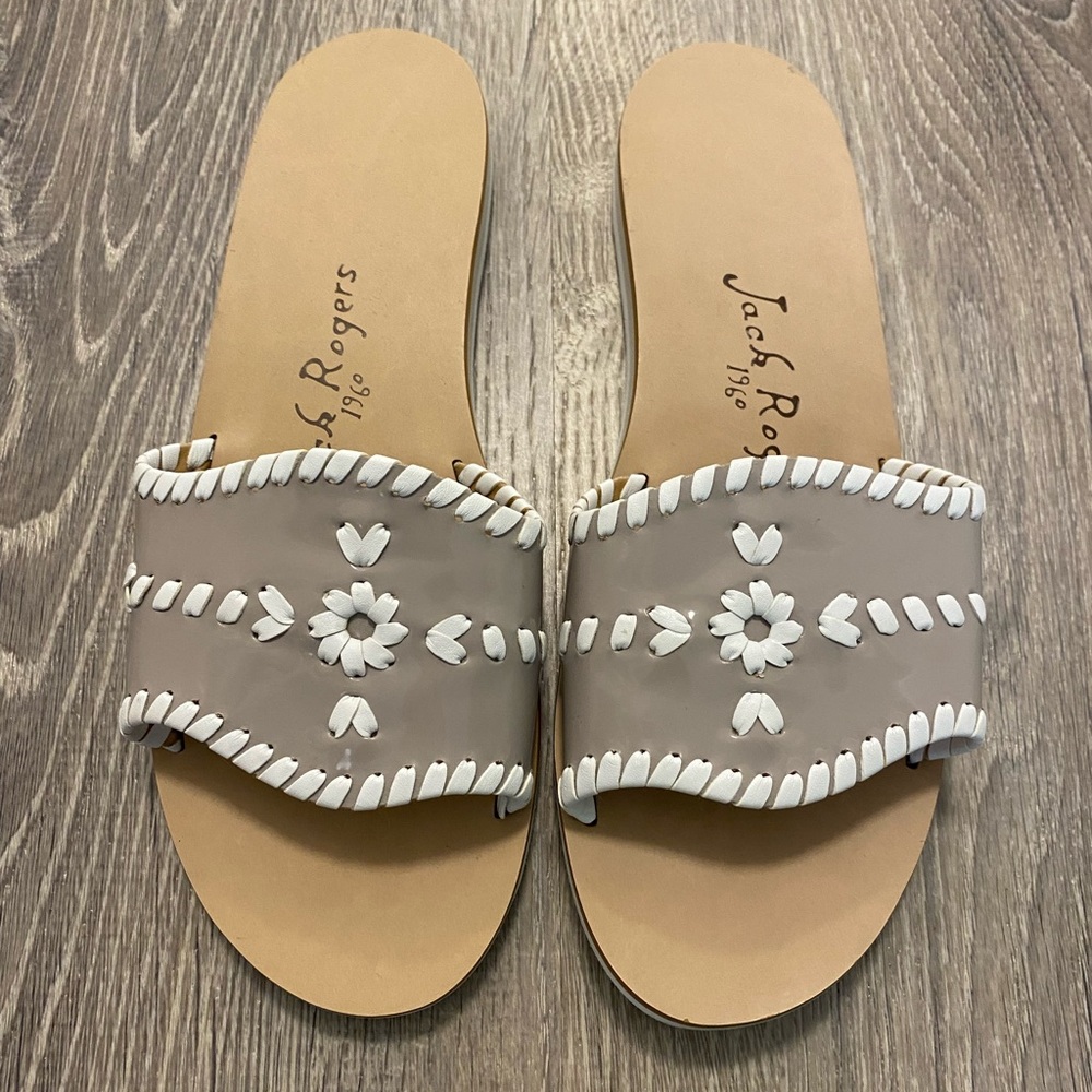 JACK ROGERS Sanibel Gray & White Patent Leather Sandals Slides Size 7M